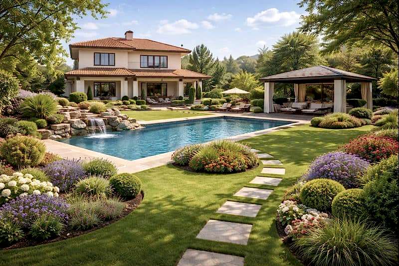 Bağcılar Peyzaj Firmaları Bağcılar’da villa bahçesi için profesyonel peyzaj firması tarafından uygulanan modern ve düzenli bahçe tasarımı