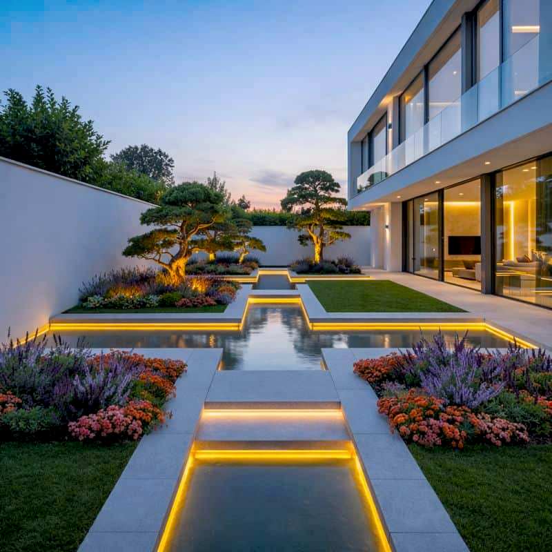 Başakşehir’de modern villa bahçesi için profesyonel peyzaj firması tarafından uygulanan su öğeleri ve aydınlatmalı bahçe düzenlemesi