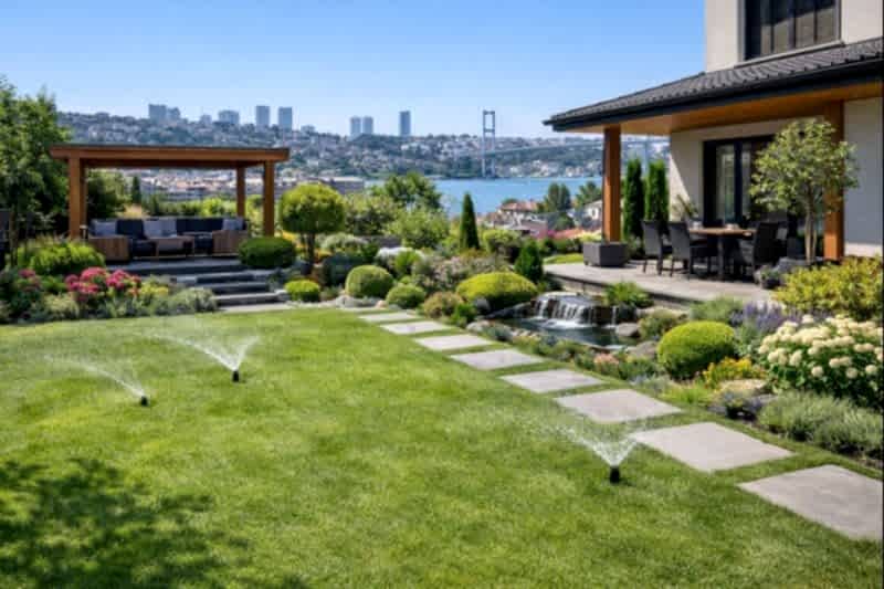 Beşiktaş peyzaj firmaları tarafından Boğaz manzaralı villa bahçesinde uygulanan peyzaj çalışması