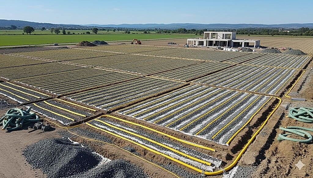 Yeraltı sulama sistemi kurulmuş geniş tarla, tarımsal sulama altyapısı, modern çiftçilik.