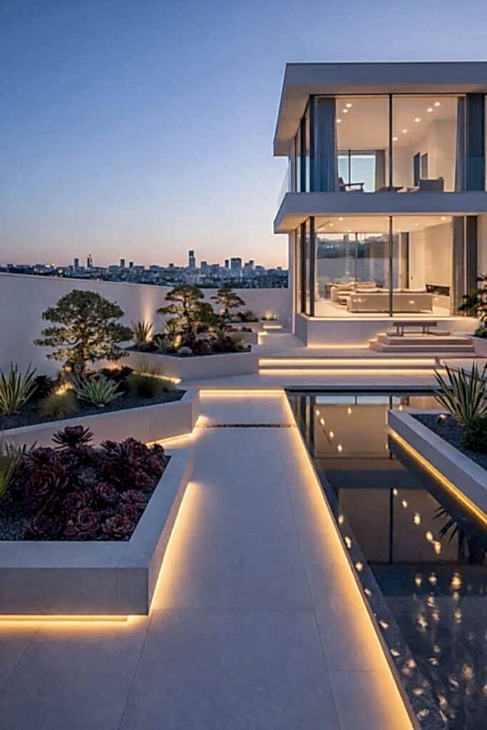 Eyüpsultan’da modern villa bahçesi için profesyonel peyzaj firması tarafından uygulanan aydınlatmalı ve su öğeli bahçe düzenlemesi