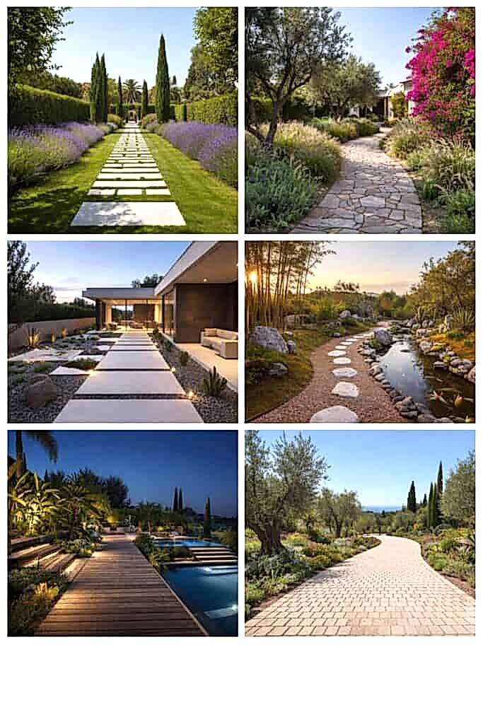 Kilit taşlarla yapılmış geniş villa bahçesi yürüyüş yolu