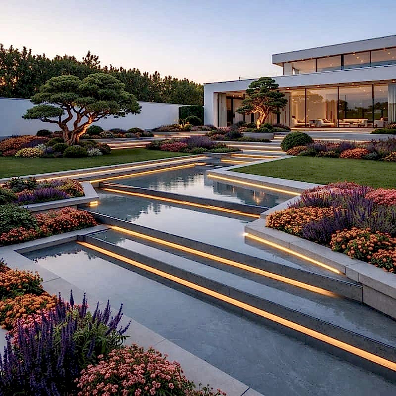 Bakırköy’de modern villa bahçesi için profesyonel peyzaj firması tarafından tasarlanan havuzlu ve teraslı peyzaj düzenlemesi