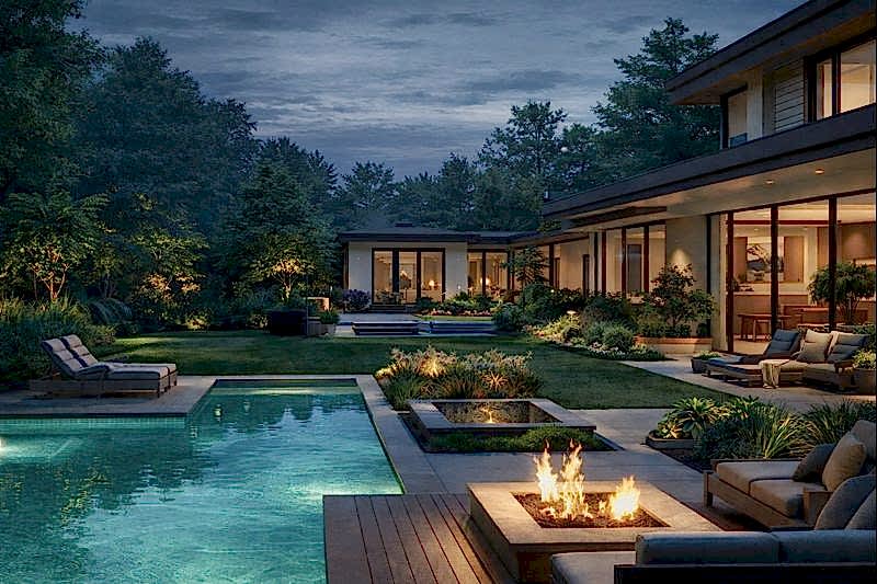 Lüks villa bahçesinde havuz, ateş çukuru ve modern peyzaj düzenlemesi