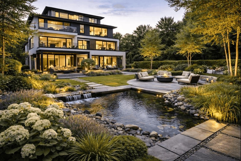 Üç katlı villa bahçesinde su ögesi, doğal taş yol ve çağdaş peyzaj düzenlemesi