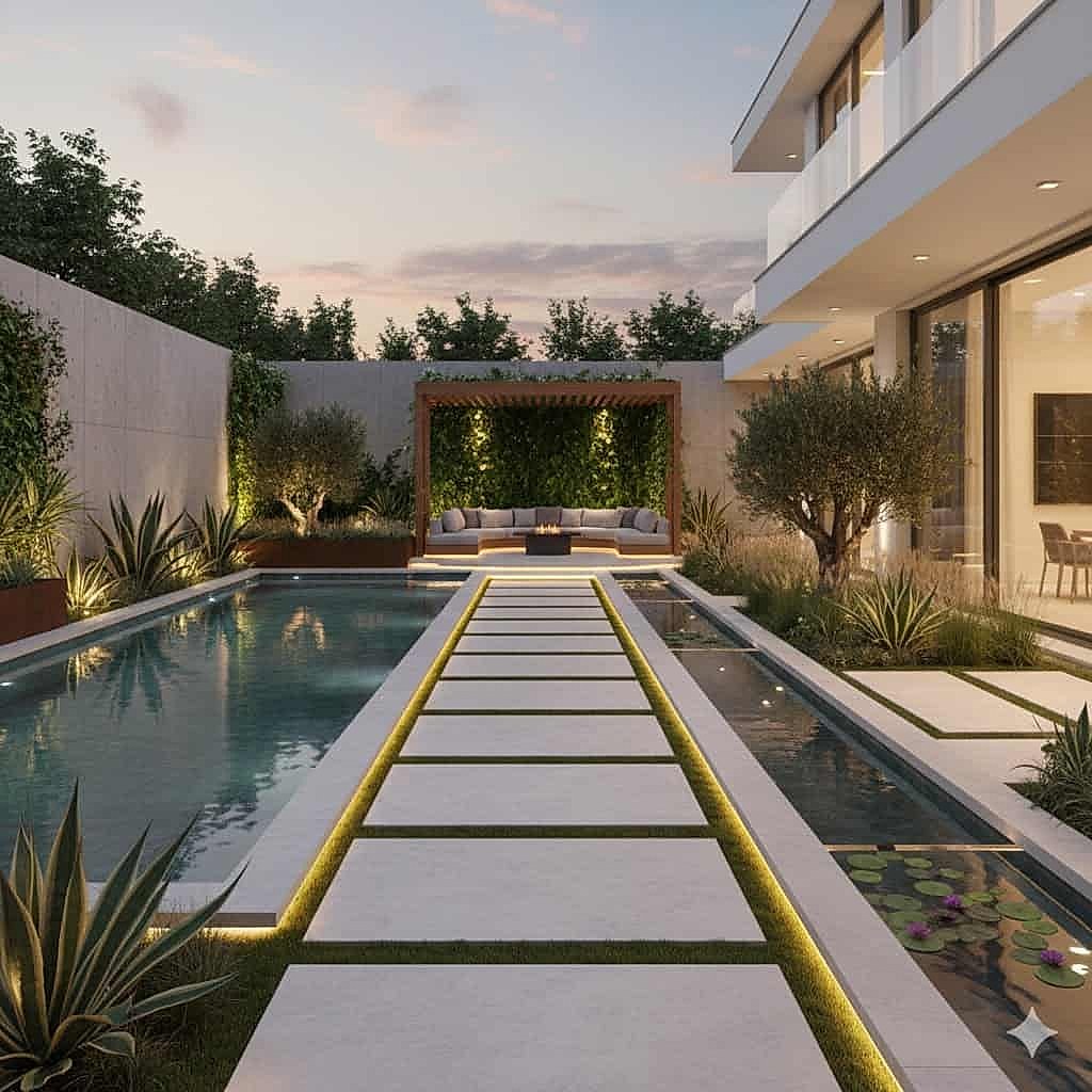 Modern özel havuz tasarımı ve peyzaj düzenlemesi, lüks bahçe ve oturma alanlarıyla anahtar teslim çözümler.