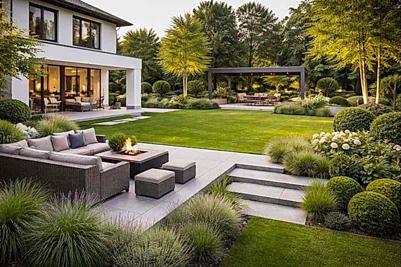 Modern villa bahçe peyzaj tasarımında çim alan, pergola oturma alanı ve düzenli bitkilendirme uygulaması