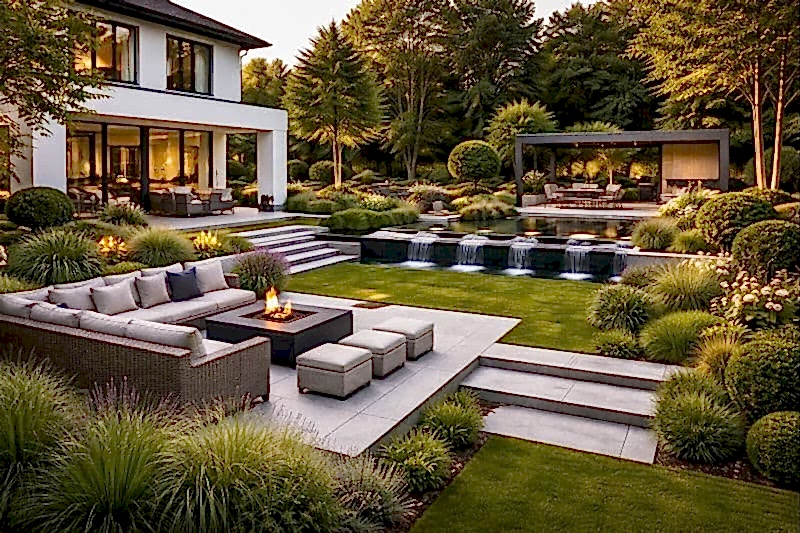 Su ögeli villa bahçe peyzaj tasarımında oturma alanı, kademeli havuz ve pergola düzenlemesi