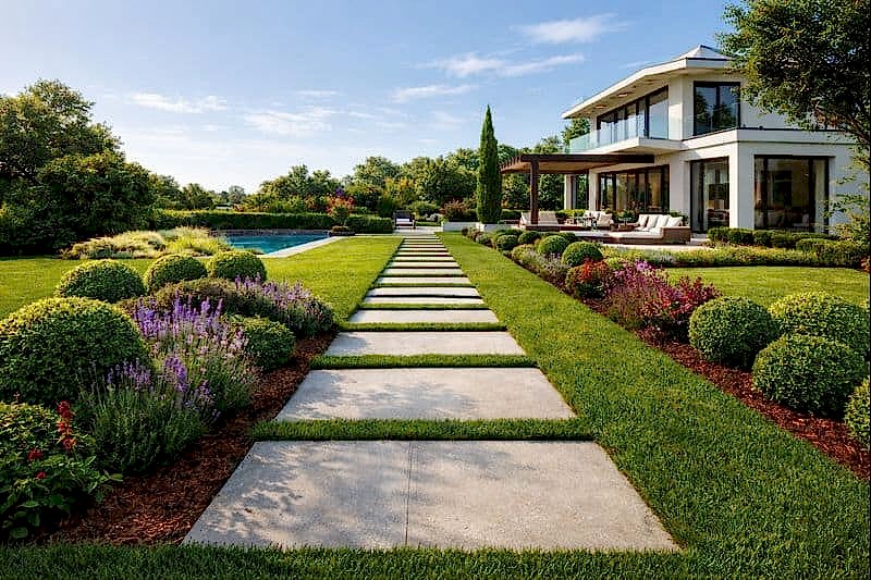 Villa bahçesinde modern beton plak taşlardan yapılmış yürüyüş yolu uygulaması