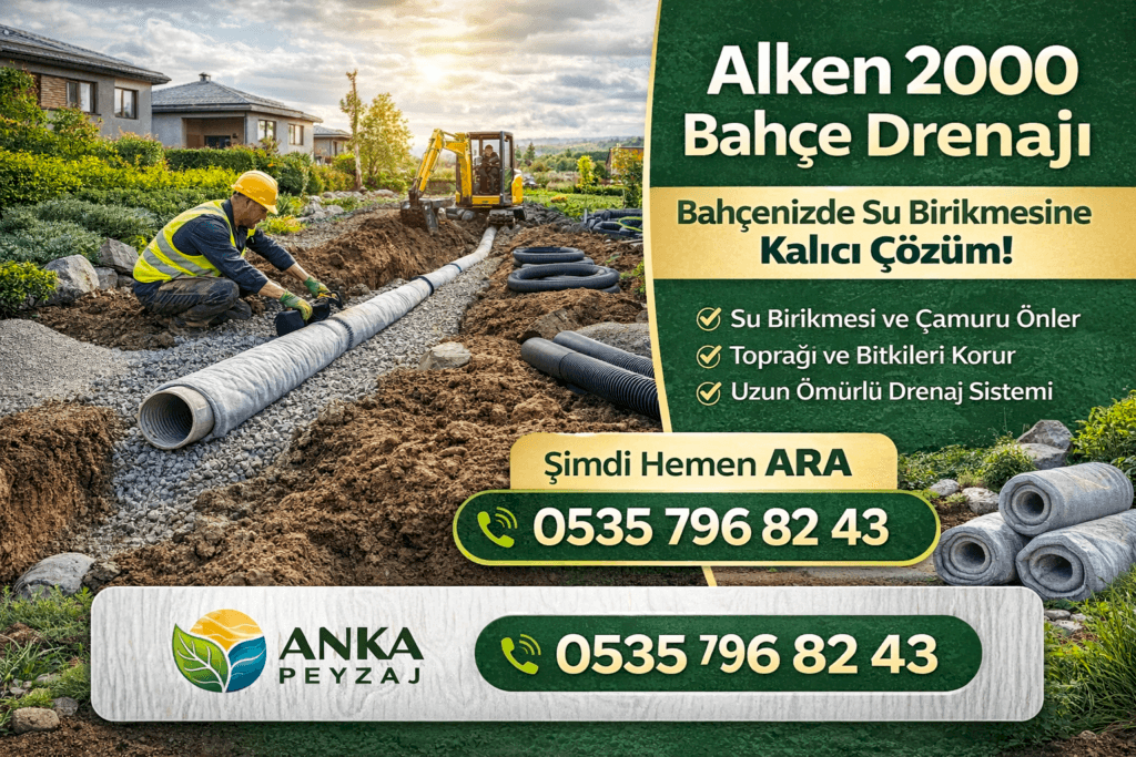 Alken 2000 bahçe drenajı uygulaması yapan Anka Peyzaj ekibi, bahçede drenaj borusu döşeme çalışması