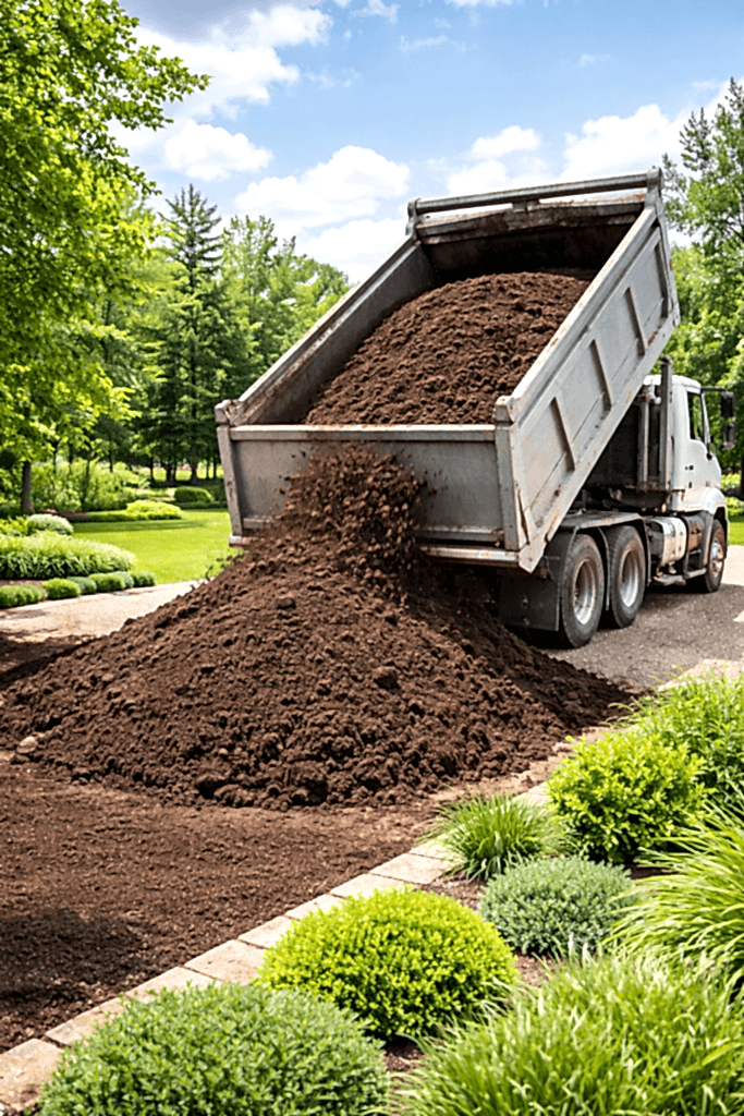 Kamyon ile bahçeye çim toprağı dökümü ve peyzaj hazırlık çalışması