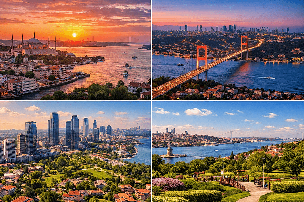 İstanbul Boğazı, köprüler, modern şehir silüeti ve yeşil peyzaj alanlarının bir arada göründüğü geniş açı şehir manzarası