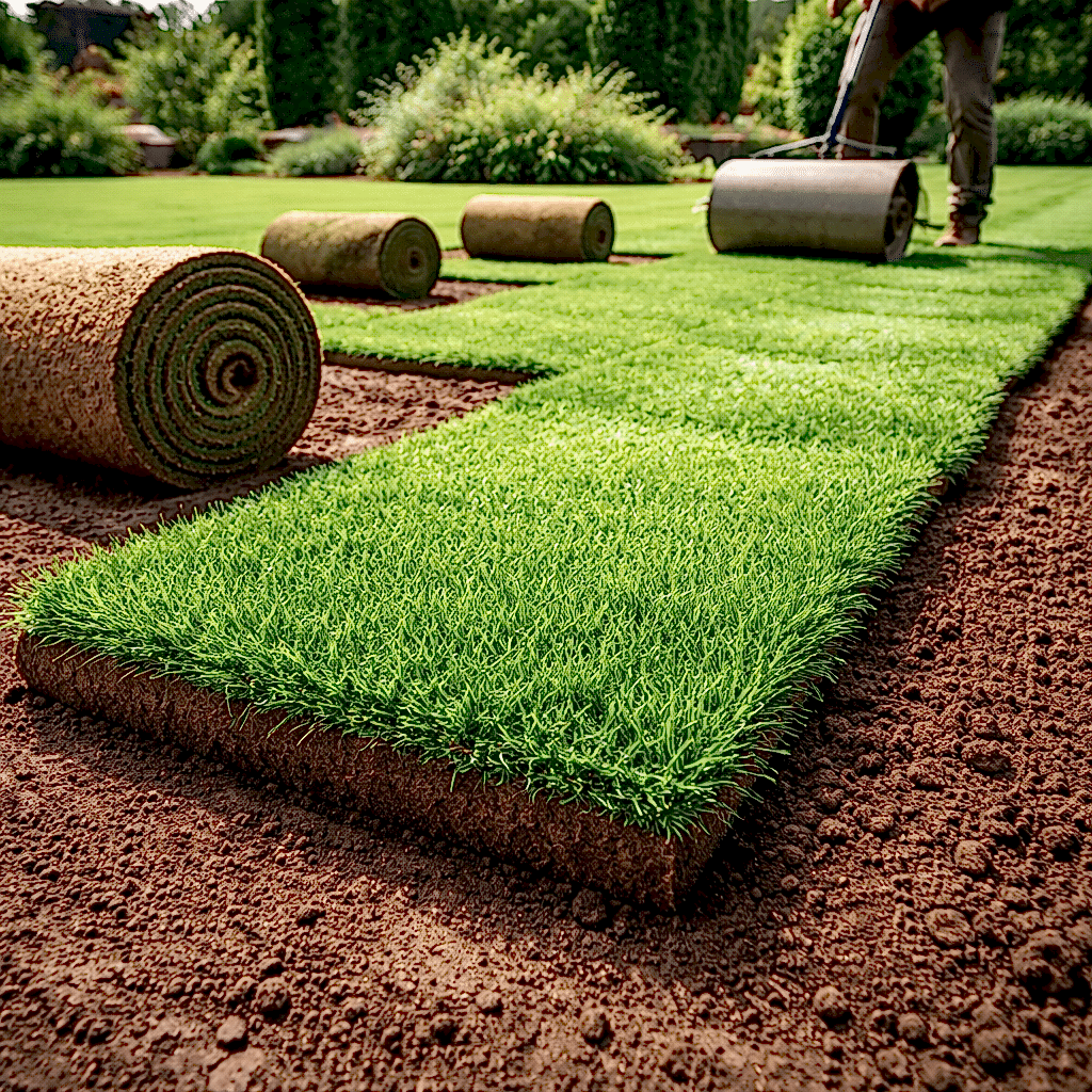 Karaburun Arnavutköy’de profesyonel ekip tarafından uygulanan hazır rulo çim serimi ve silindirleme işlemi