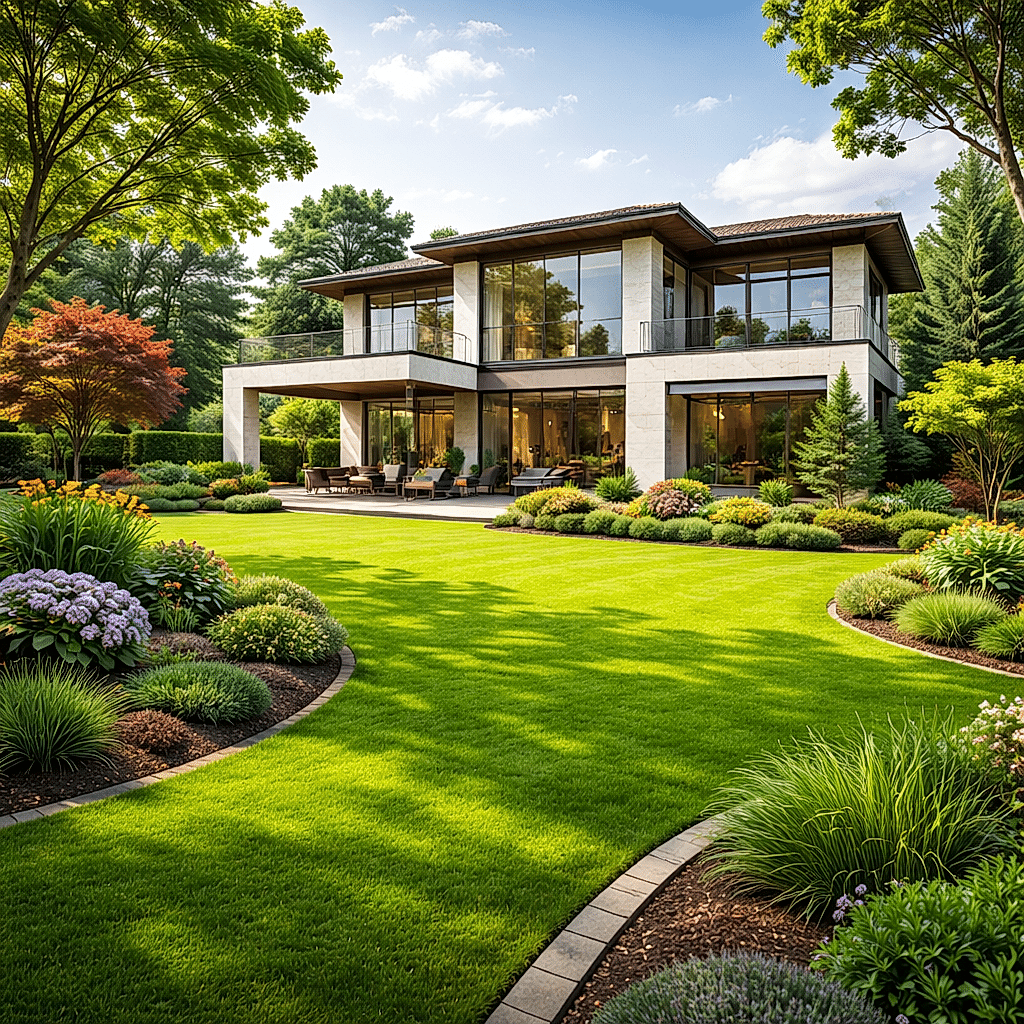 Karaburun Arnavutköy’de modern villa bahçesinde uygulanmış peyzaj tasarımı, çim alan ve bitki düzenlemesi