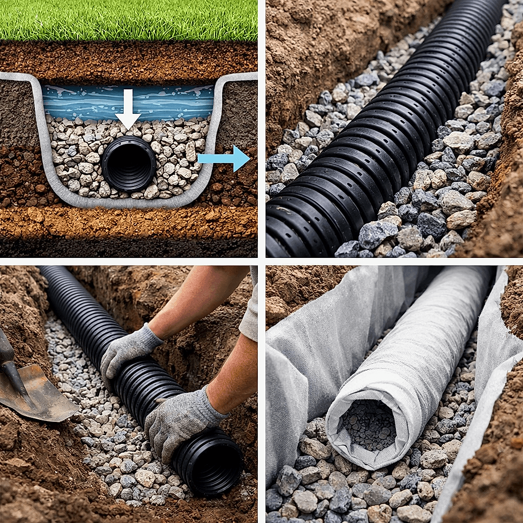 Bahçede drenaj sistemi kurulumu, çakıl dolgu ve delikli boru yerleşimi ile Fransız drenaj uygulama aşamaları